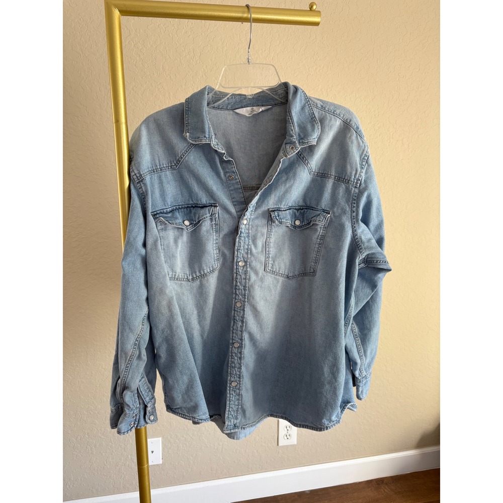 HM Denim Shirt Jacket Western Pearl Snap Womens L Cotton Cowgirl Country Casual